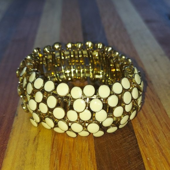 Gold Tone Stretch Cream Enamel Dotted Elegant Bangle Made in Italy Bracelet - Picture 1 of 8